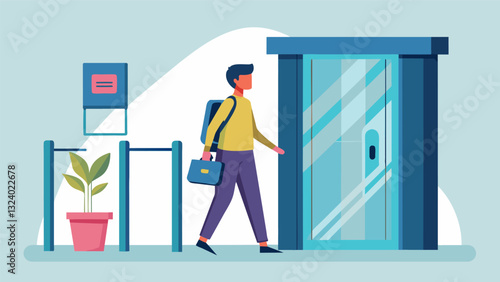 Illustration of a person walking through a gate with a biometric turnstile that reads their facial features before granting access.. Vector illustration