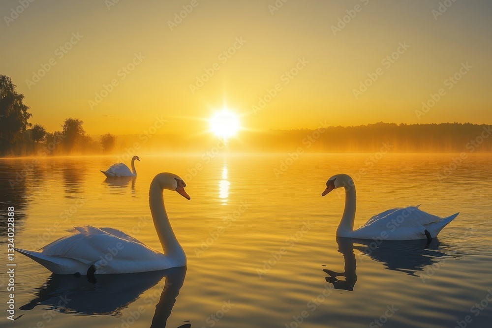 Fototapeta premium Swans gliding gracefully across a misty lake during sunrise
