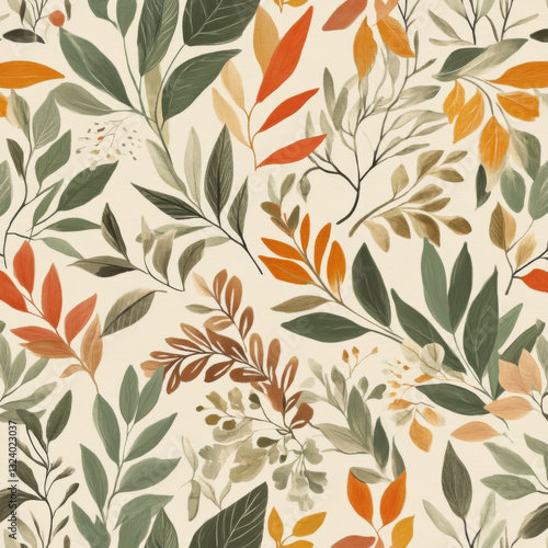  intricate botanical patterns featuring leaves, and other floral designs. The color palette includes terracotta, sage green, and ochre on a neutral beige background. 