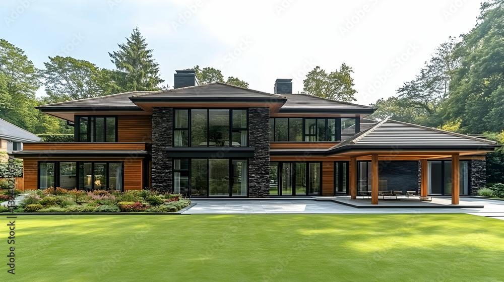 Modern luxury home exterior. Spacious home with modern design. Lush landscaping Modern luxury home exterior. Spacious home with modern design. Lush landscaping