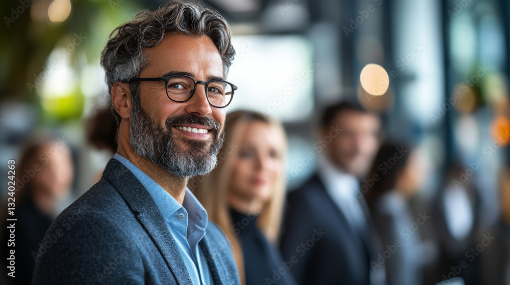 Fototapeta premium Confident man smiling in professional setting with colleagues