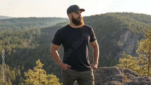 Bold bearded traveler in a blank black t-shirt mockup, standing confidently on a rocky mountain peak, gazing into the distance