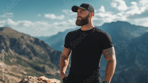 Bold bearded traveler in a blank black t-shirt mockup, standing confidently on a rocky mountain peak, gazing into the distance photo