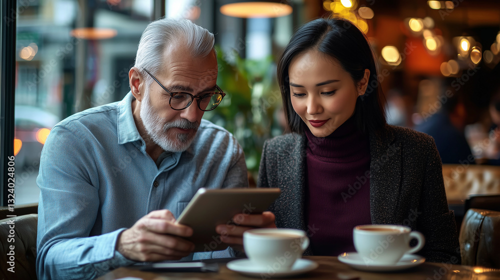 Senior Businessman and Young Businesswoman Reviewing Documents on Tablet at Coffee Shop Senior Businessman and Young Businesswoman Reviewing Documents on Tablet at Coffee Shop