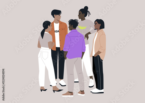 A group of five friends stands together, immersed in conversation. Each person expresses creativity through their unique style while sharing smiles and warmth, creating bonds