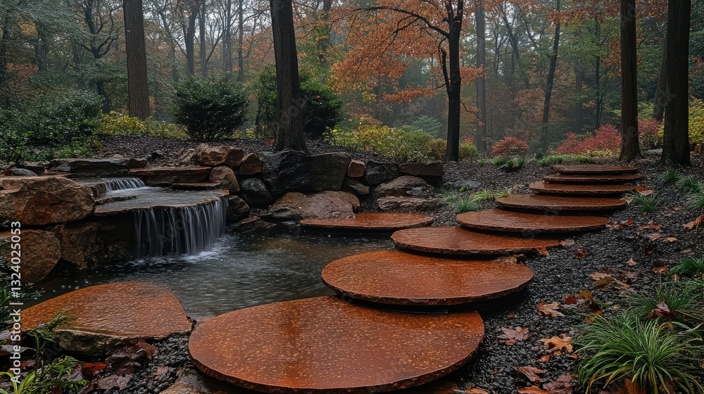 Rain-soaked stone steps lead to a tranquil waterfall in an autumnal woodland Rain-soaked stone steps lead to a tranquil waterfall in an autumnal woodland