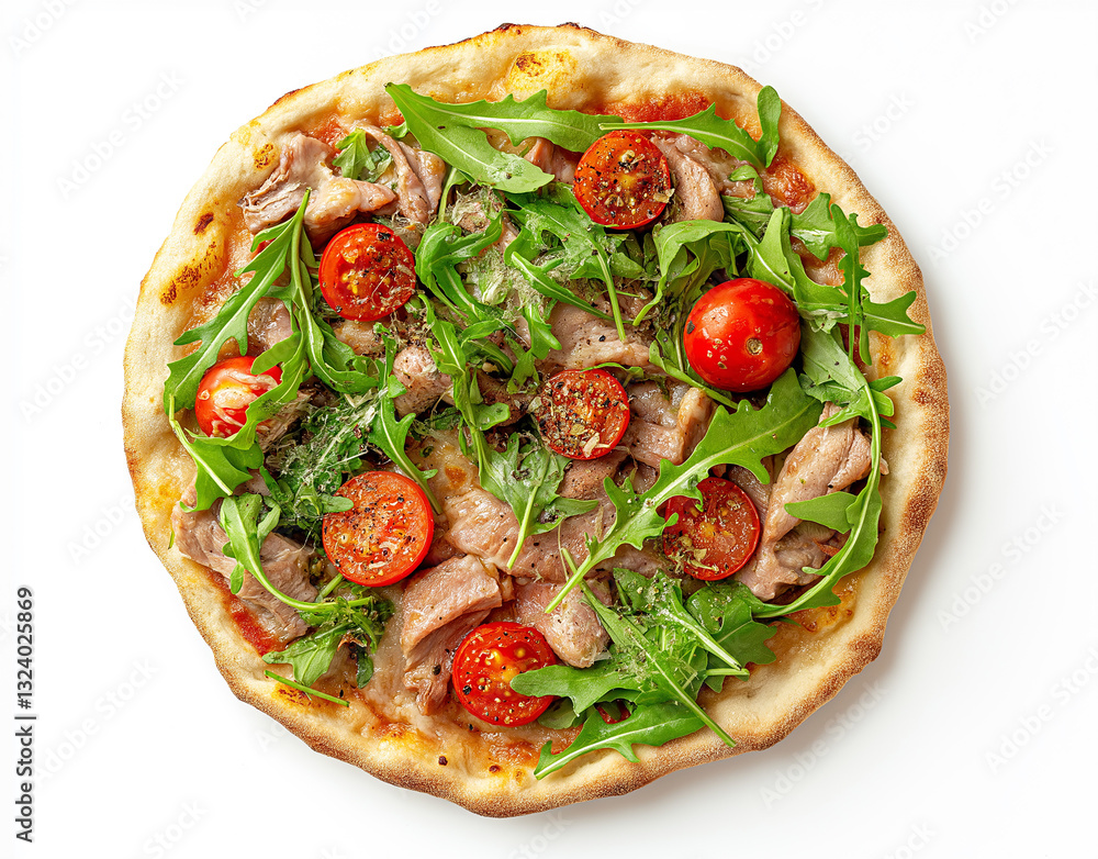 Pizza with prosciutto (parma ham), arugula (salad rocket) and parmesan isolated on white background. Italian cuisine Pizza with prosciutto (parma ham), arugula (salad rocket) and parmesan isolated on white background. Italian cuisine