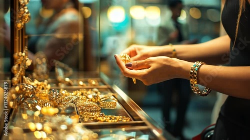 Customers buying gold jewellery at a gold shop, closeup 