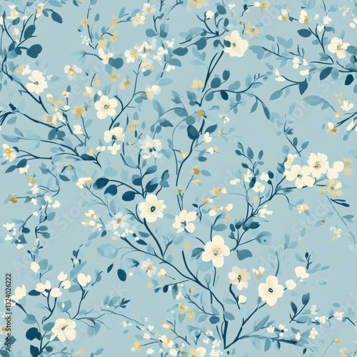 ditsy floral pattern, soft pastel blues, delicate, feminine, large scale pattern, prestine quality, seamless pattern