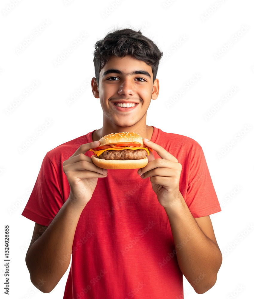 Hispanic young man eating a hamburger, he is wearing a red t-shirt, isolated on transparent. Hispanic young man eating a hamburger, he is wearing a red t-shirt, isolated on transparent.