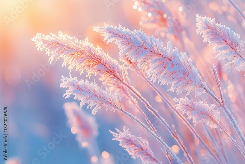 Frost-covered pink flowers glimmering in the morning light reflecting an icy wonder on a winter?s day