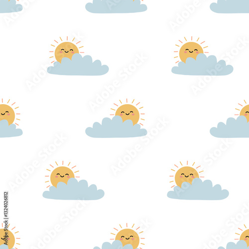 Cute seamless pattern with funny suns and clouds. Boho children's print with weather elements. Ideal for children's textiles, wrapping paper, wallpaper, fabric, packaging. Vector illustration.