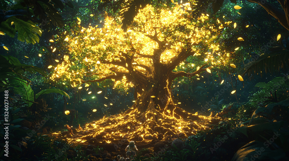 Golden Tree of Life Radiating Energy in a Mystical Jungle Golden Tree of Life Radiating Energy in a Mystical Jungle