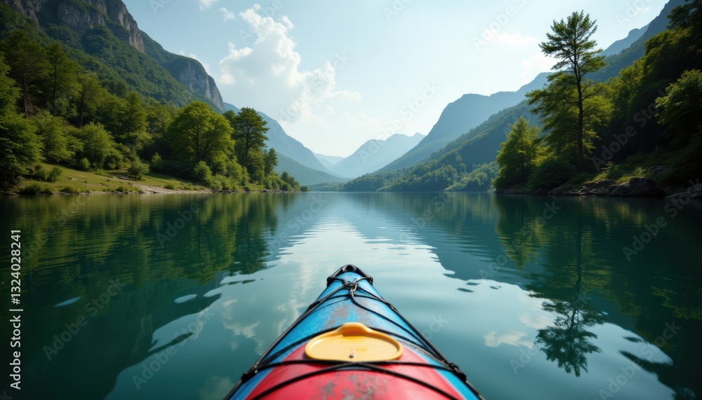 Serene Kayaking Experience on a Tranquil Mountain Lake Surrounded by Lush Greenery Serene Kayaking Experience on a Tranquil Mountain Lake Surrounded by Lush Greenery