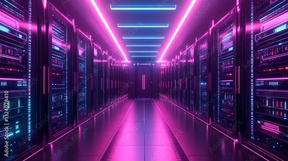 Fototapeta premium Futuristic server room illuminated with neon lights creating a vibrant tech atmosphere.
