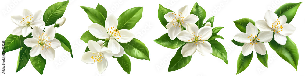 set of White lemon flowers with green leaves, white lemon flowers and green leaves, white lemon flowers surrounded by green leaves, white flowers, green leaves, on a transparent backgrounds set of White lemon flowers with green leaves, white lemon flowers and green leaves, white lemon flowers surrounded by green leaves, white flowers, green leaves, on a transparent backgrounds