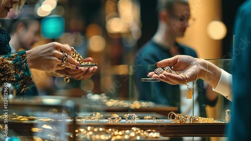 Customers buying gold jewellery at a gold shop, closeup 