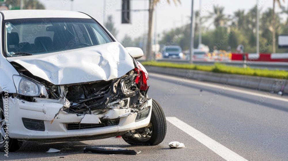 White car collision on highway with severe front damage on a clear day. White car collision on highway with severe front damage on a clear day.
