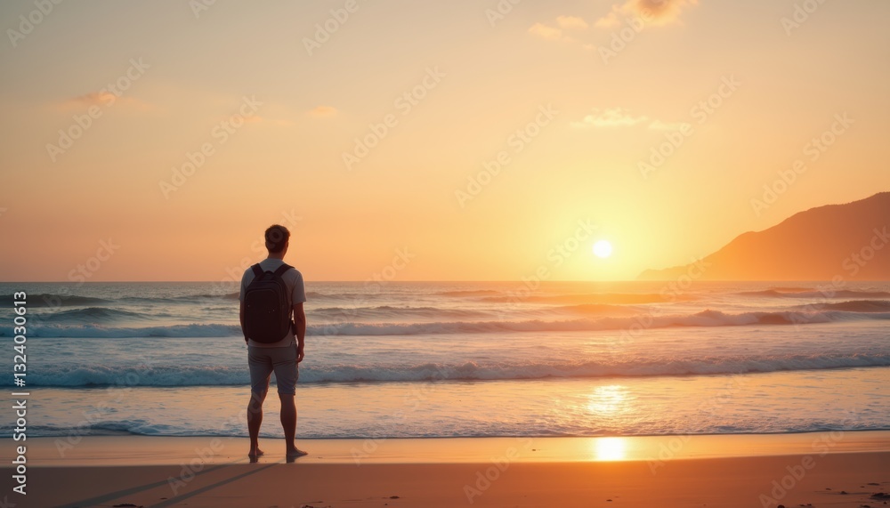 Man Standing on Beach Watching Sunset Over Calm Ocean Waves During Serene Evening Hour Man Standing on Beach Watching Sunset Over Calm Ocean Waves During Serene Evening Hour