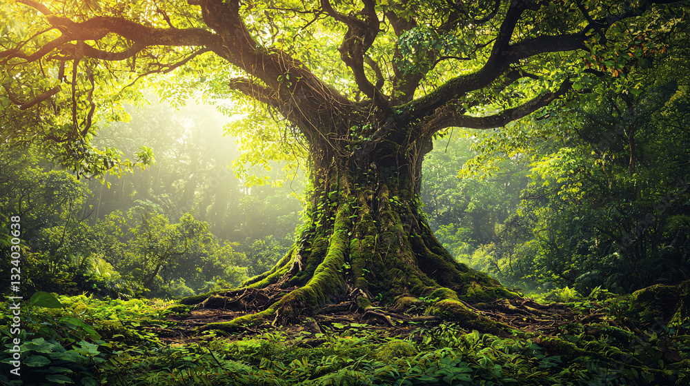 Fototapeta premium Ancient Tree Bathed in Golden Sunlight