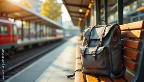 Brown leather backpack resting on a wooden bench at a sunny train station platform