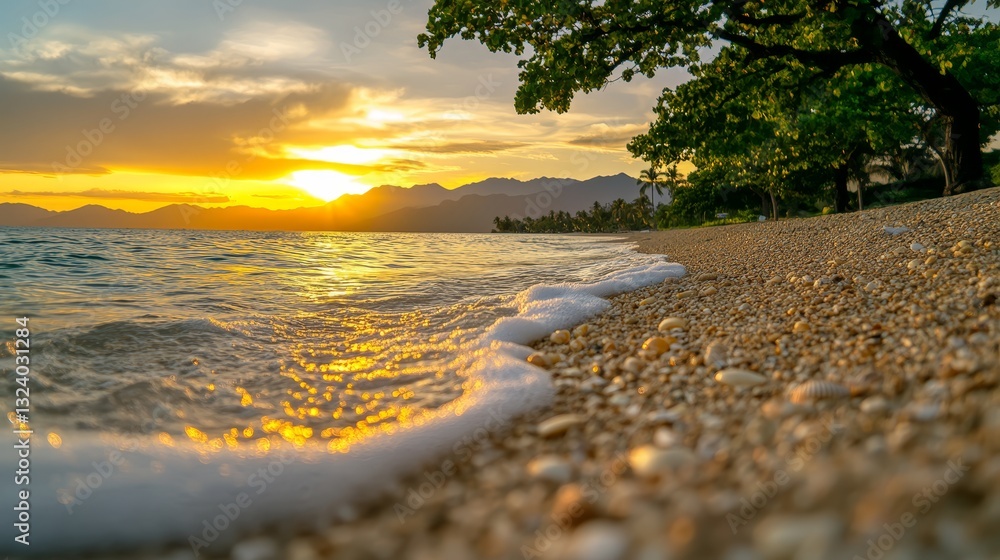 Obraz premium Serene sunset beachscape silhouette of lone tree against the golden horizon tranquil