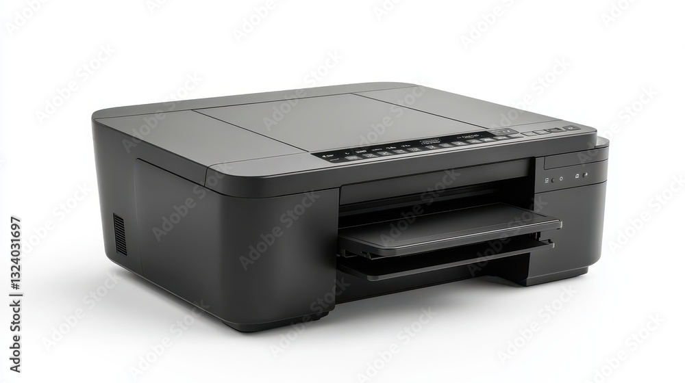 A sleek, black office printer, its edges sharp and modern, stands isolated against a transparent background, ready to print your documents and bring your ideas to life. A sleek, black office printer, its edges sharp and modern, stands isolated against a transparent background, ready to print your documents and bring your ideas to life.