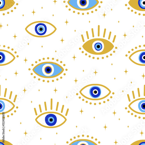 Esoteric mystical seamless pattern with Evil eyes. Boho art background. Modern talisman amulet design for a poster, sticker, home decor. Fabric textile print.