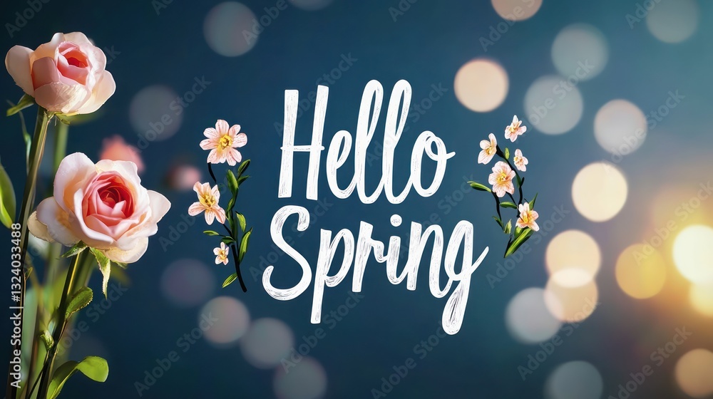 Naklejka premium hello spring calligraphy with pink roses and small flowers on blue background