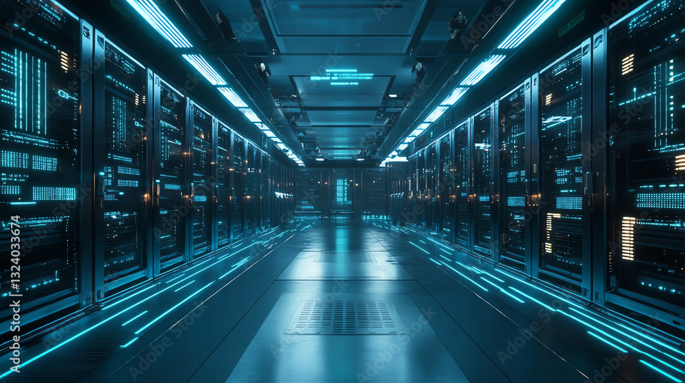 Obraz premium Futuristic server room with vibrant blue lights and high-tech hardware.