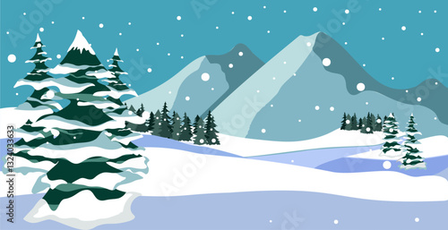 Winter Mountain Landscape with Snow, Pine Trees, and Falling Snowflakes – Vector Illustration