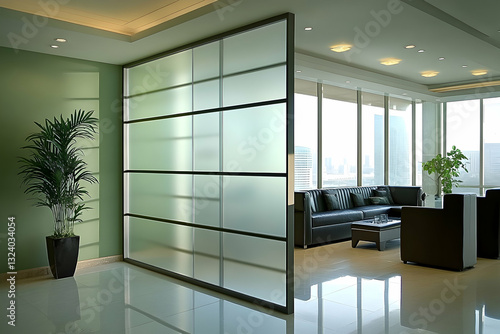 Modern office lounge area with frosted glass partition