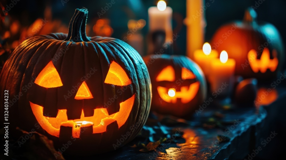 Fototapeta premium Spooky Halloween Jack o lanterns with Candles