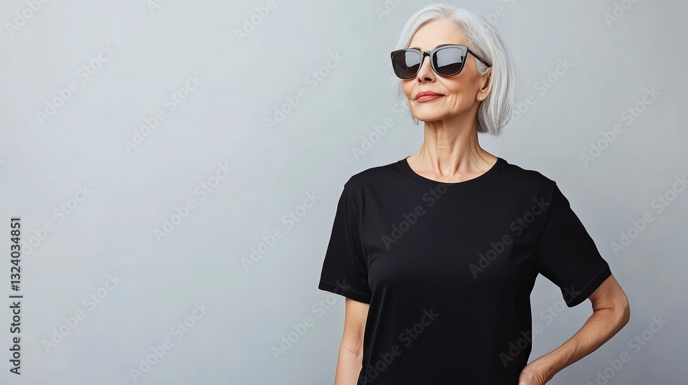 Elegant elderly woman with silver hair wearing a blank black t-shirt mockup and stylish sunglasses, standing confidently in a minimalist setting, exuding a modern fashion vibe Elegant elderly woman with silver hair wearing a blank black t-shirt mockup and stylish sunglasses, standing confidently in a minimalist setting, exuding a modern fashion vibe