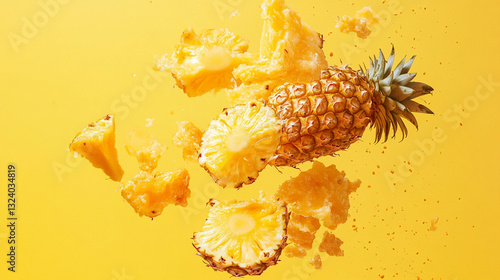  Falling delicious pineapple on isolated yellow background