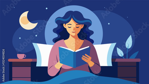 As she read before bed she let go of any distractions and focused on the words and story allowing her mind to be fully present in the moment.. Vector illustration