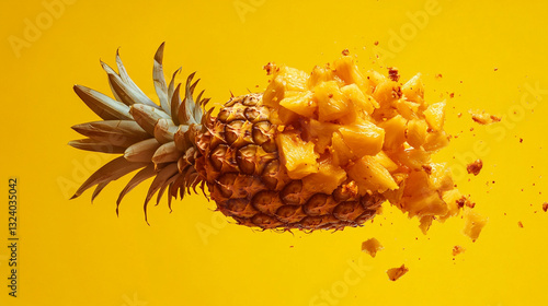  Falling delicious pineapple on isolated yellow background
