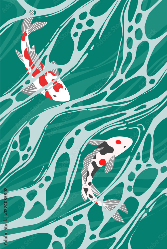 Fototapeta premium Natural illustration of green lake water and beautiful Koi fish with foam flow. Green color abstract texture 