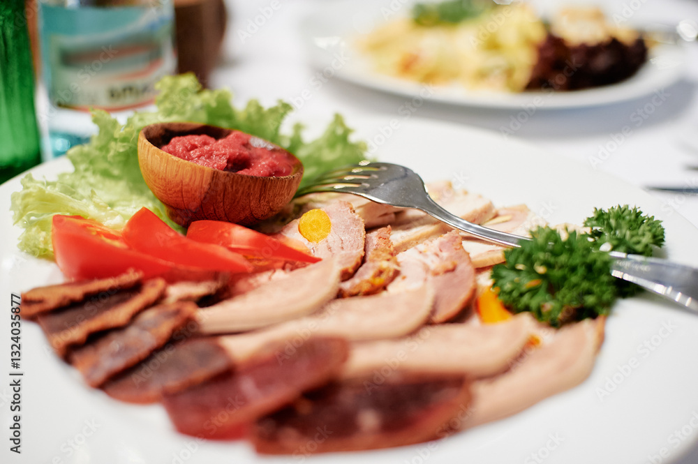 Assorted Meat Platter with Vegetables and Dip on a Gourmet White Plate.. Assorted Meat Platter with Vegetables and Dip on a Gourmet White Plate..