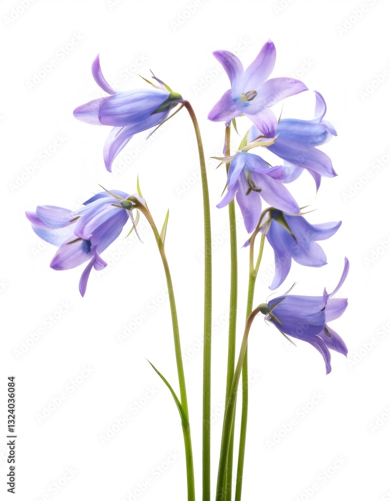 Delicate bluebells displaying violet petals and slender green stems in clean studio lighting on white background Delicate bluebells displaying violet petals and slender green stems in clean studio lighting on white background