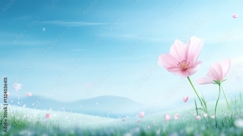 Fototapeta premium Vivid pink flowers in full bloom across green meadow under serene blue sky