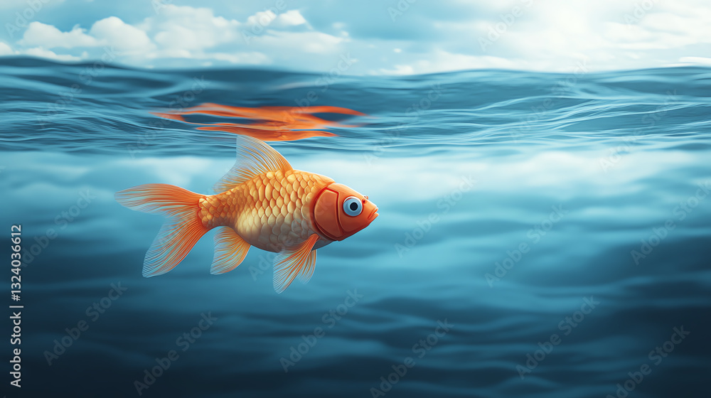 A vibrant goldfish swimming gracefully through clear blue water. A vibrant goldfish swimming gracefully through clear blue water.
