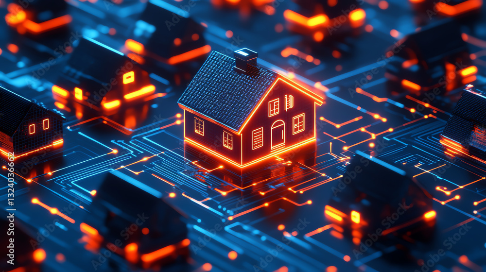 A glowing house model surrounded by digital circuitry, symbolizing smart homes and technology. A glowing house model surrounded by digital circuitry, symbolizing smart homes and technology.