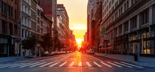 Empty streets and sidewalks at 5th Avenue and 23rd St in New York City with sunset shining between the background buildings of the Manhattan cityscape