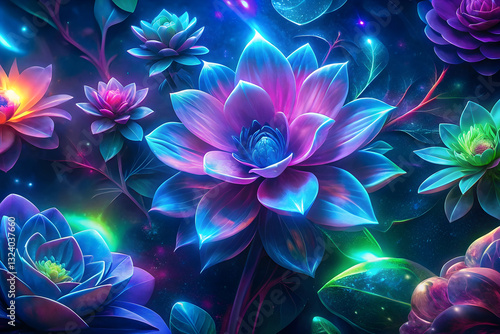 Neon Glow Floral Fantasy – Futuristic Vibrant Flowers with Electric Colors and Dark Background