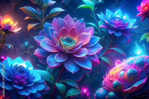 Neon Glow Floral Fantasy – Futuristic Vibrant Flowers with Electric Colors and Dark Background