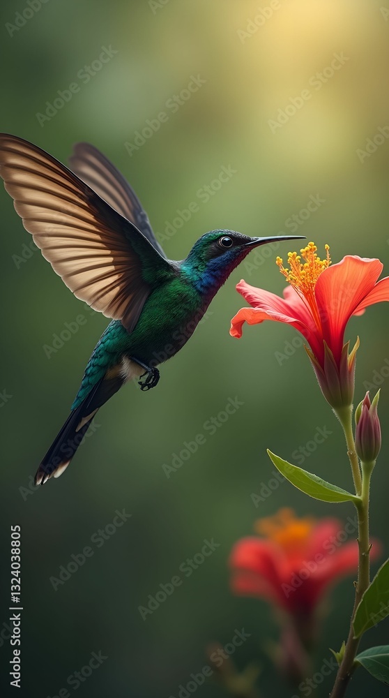 Fototapeta premium A beautiful hummingbird hovers over a bright flower