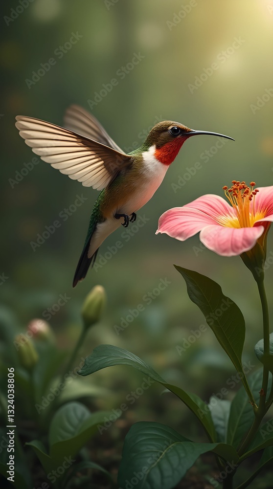 Fototapeta premium A beautiful hummingbird hovers over a bright flower
