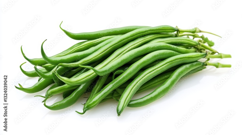 A vibrant bunch of fresh, green beans, plump and glistening, stands proudly against a pristine, transparent backdrop, showcasing their natural beauty and inviting viewers to imagine them nestled A vibrant bunch of fresh, green beans, plump and glistening, stands proudly against a pristine, transparent backdrop, showcasing their natural beauty and inviting viewers to imagine them nestled