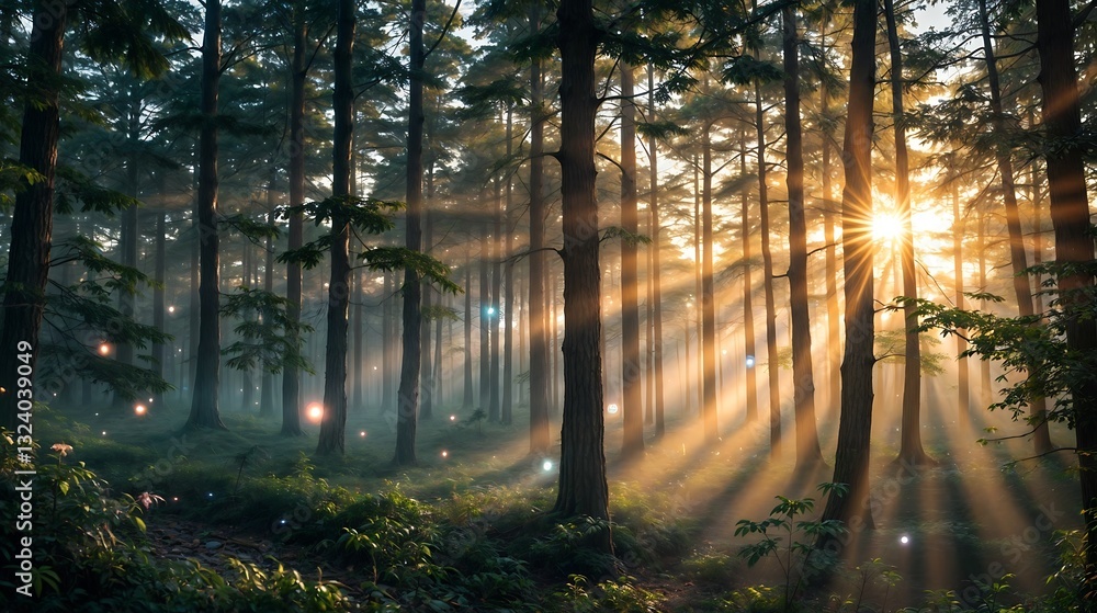 Obraz premium Magical Forest at Sunrise with Glowing Mist, Fantasy and Mystery